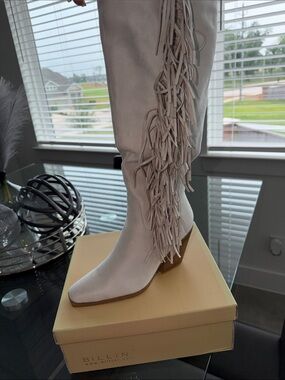 Billini White Fringe Knee-High Western Boot with Stacked Heel